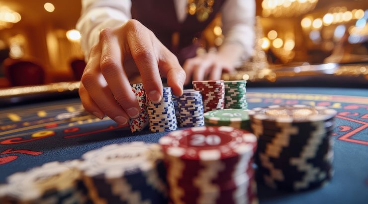 Blackjack table with dealer and live chat interface